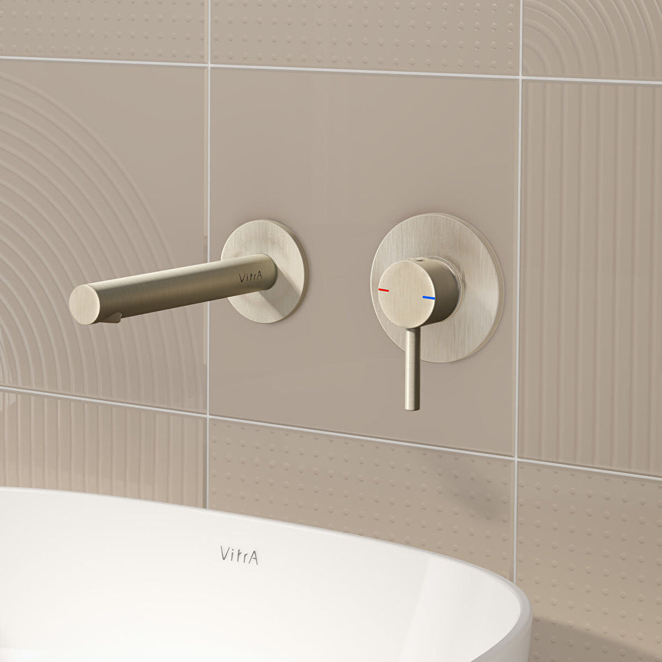 Vitra Origin Wall Mounted 2 Hole Basin Mixer Tap - Brushed Nickel 