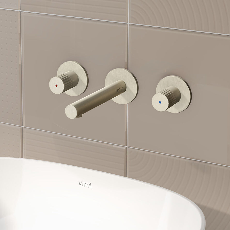 Vitra Origin Wall Mounted 3 Hole Basin Mixer Tap - Brushed Nickel