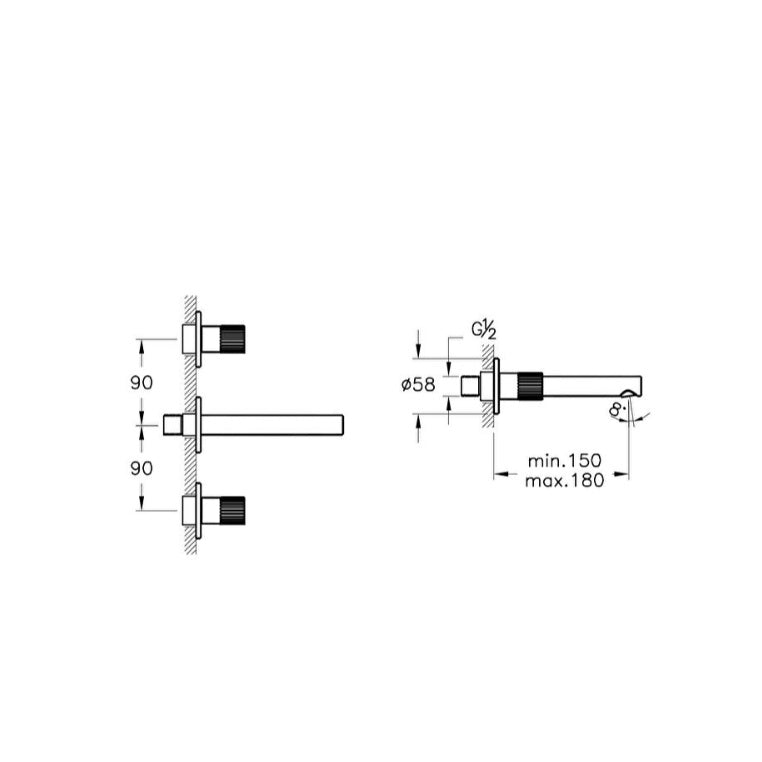 Vitra Origin Wall Mounted 3 Hole Basin Mixer Tap - Matt Black