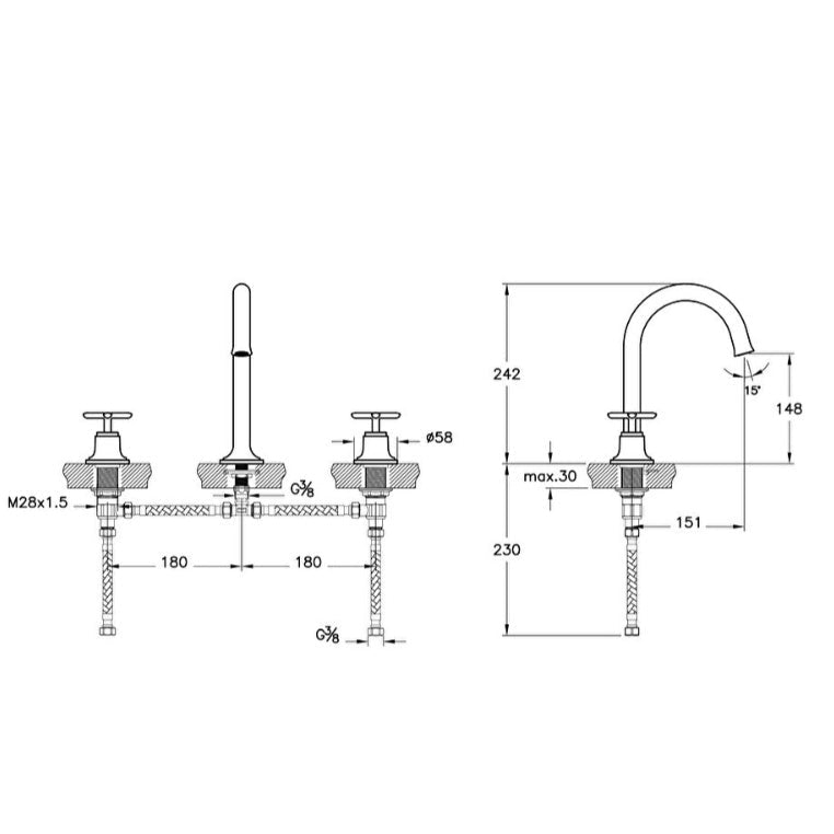 Vitra Origin Classic 3 Hole Deck Mounted Basin Mixer Tap - Chrome