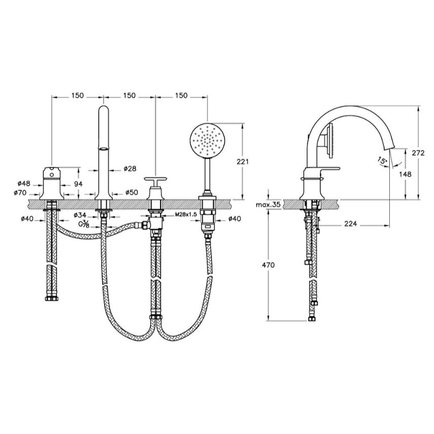 Vitra Origin Classic 4 Hole Deck Mounted Bath Shower Mixer Tap - Brushed Gold