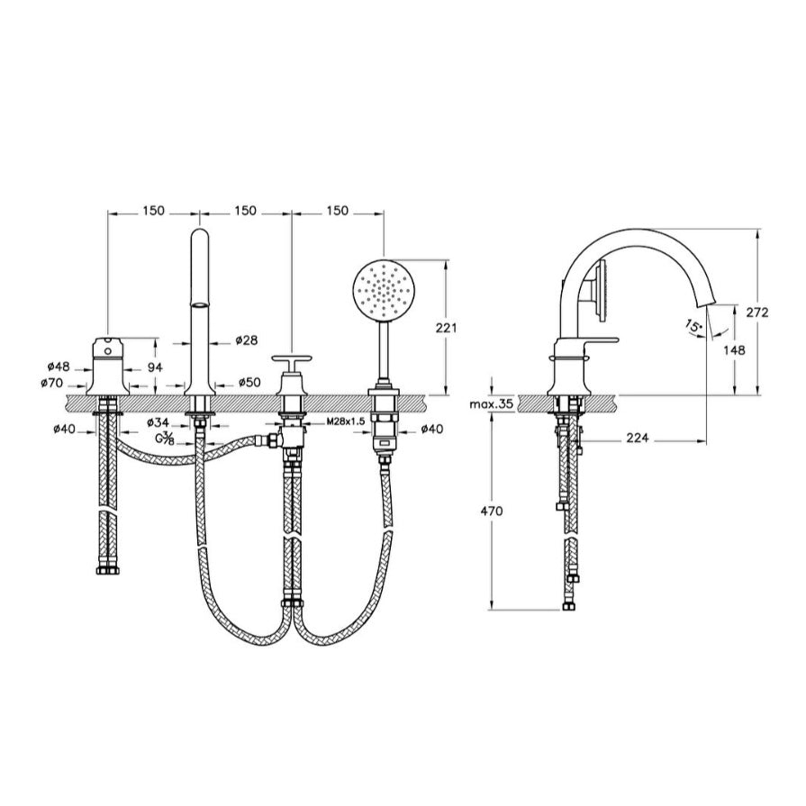 Vitra Origin Classic 4 Hole Deck Mounted Bath Shower Mixer Tap - Matt Black