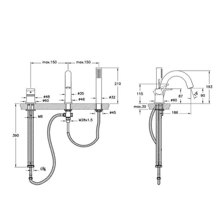 Vitra Flow Soft 3 Hole Bath Shower Mixer Tap - Chrome
