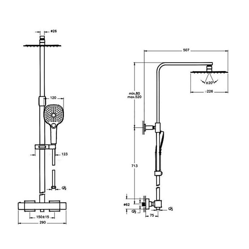VitrA Aquaheat Bliss 250 Exposed Thermostatic Shower Set - Chrome