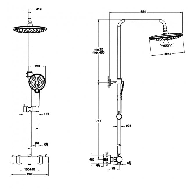 VitrA Aquaheat Bliss 250 Exposed Thermostatic Mixer Shower with Overhead - Chrome