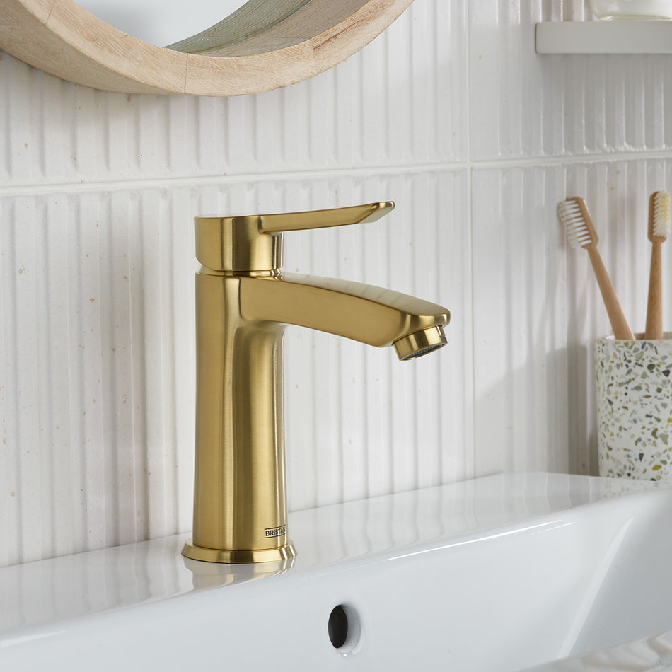 Bristan Apelo Deck Mounted Eco Start Basin Mixer Tap With Clicker Waste - Brushed Brass