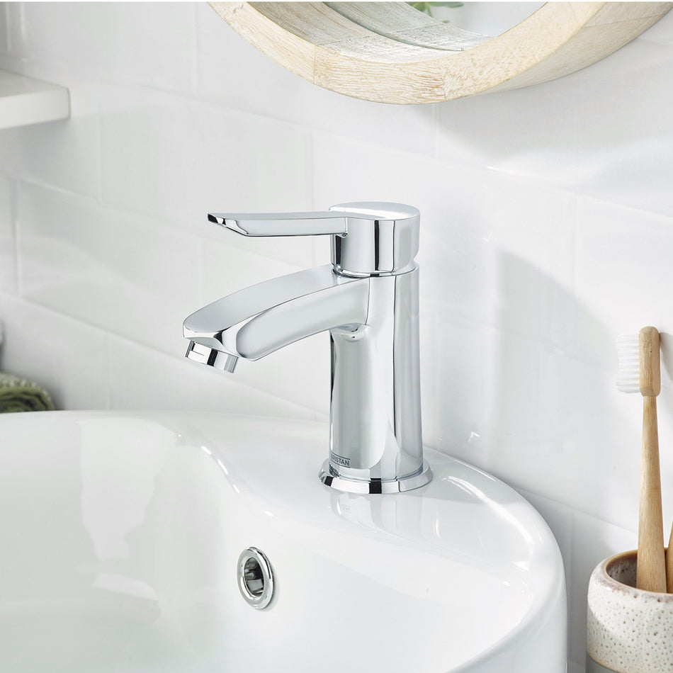 Bristan Apelo Deck Mounted Eco Start Small Basin Mixer Tap With Clicker Waste - Chrome