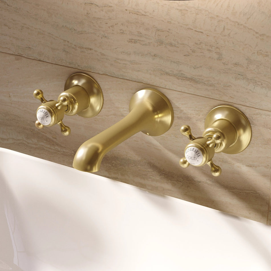 Crosswater Belgravia 3 Hole Wall Mounted Crosshead Basin Mixer Tap - Brushed Brass