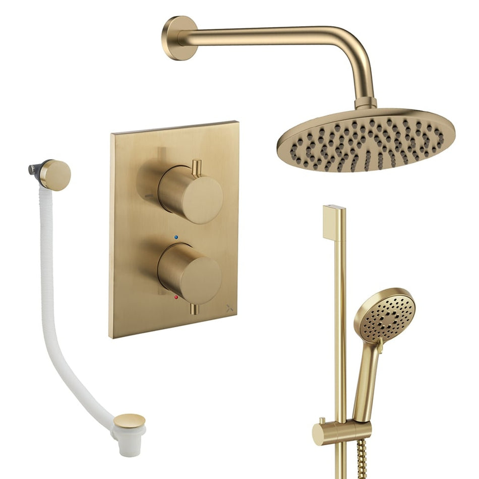 Crosswater Mpro 3 Outlet Thermostatic Concealed Shower Set 10 With 200mm Head and Wall Mounted Arm - Brushed Brass