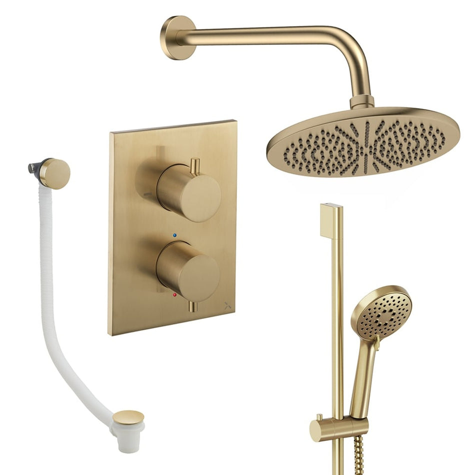 Crosswater Mpro 3 Outlet Thermostatic Concealed Shower Set 10 With 300mm Head and Wall Mounted Arm - Brushed Brass