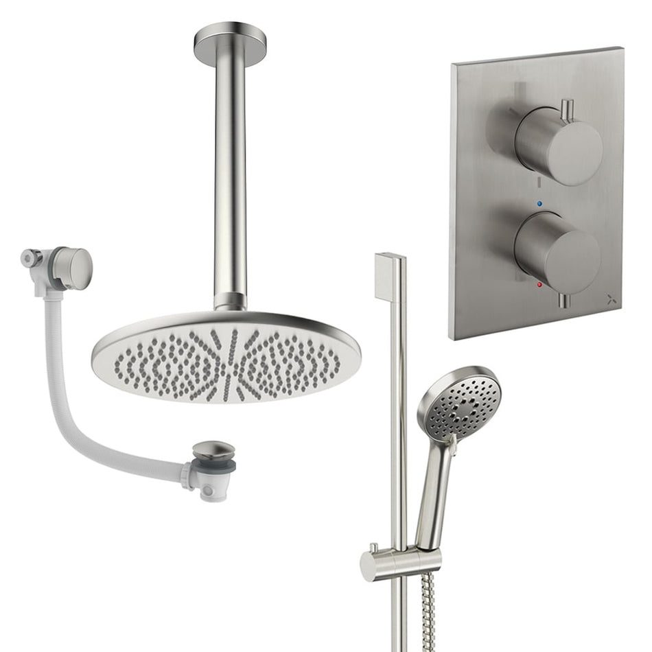 Crosswater Mpro 3 Outlet Thermostatic Concealed Shower Set 10 With 300mm Head and Ceiling Mounted Arm - Brushed Nickel