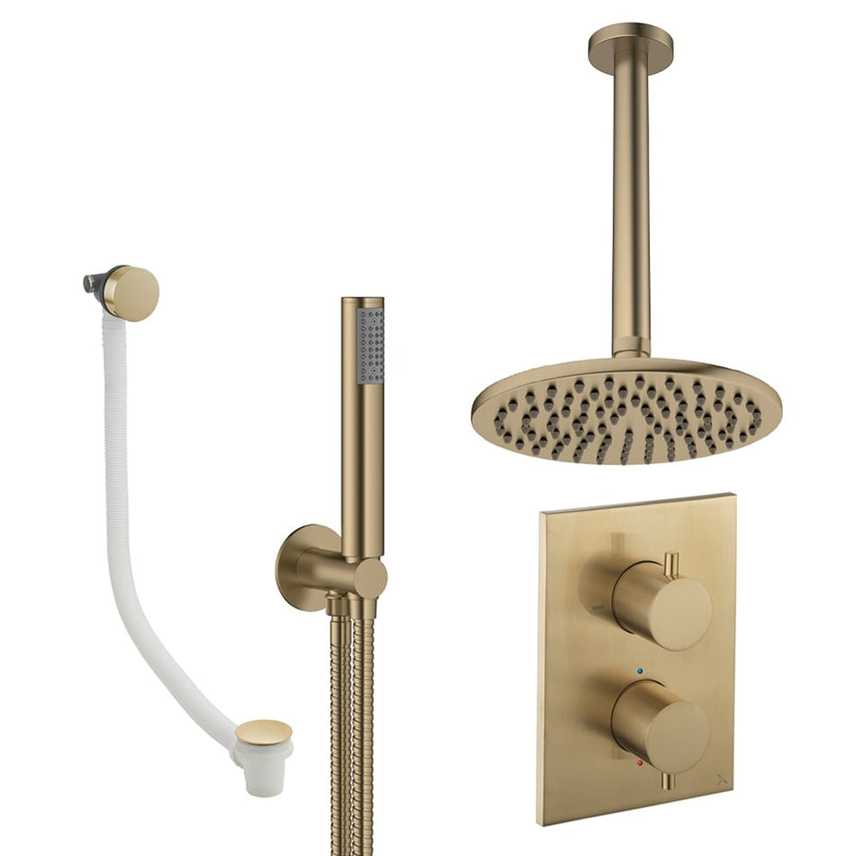 Crosswater Mpro 3 Outlet Thermostatic Concealed Shower Set 9 With 200mm Head and Ceiling Mounted Arm - Brushed Brass