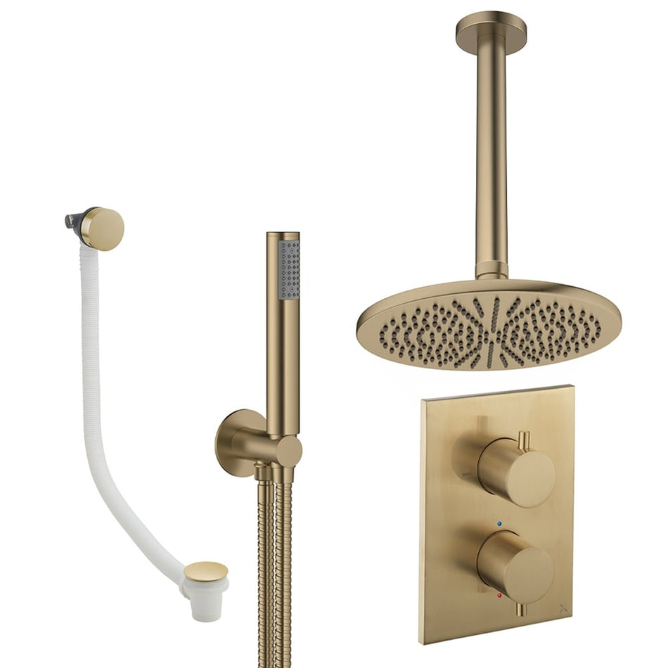 Crosswater Mpro 3 Outlet Thermostatic Concealed Shower Set 9 With 300mm Head and Ceiling Mounted Arm - Brushed Brass