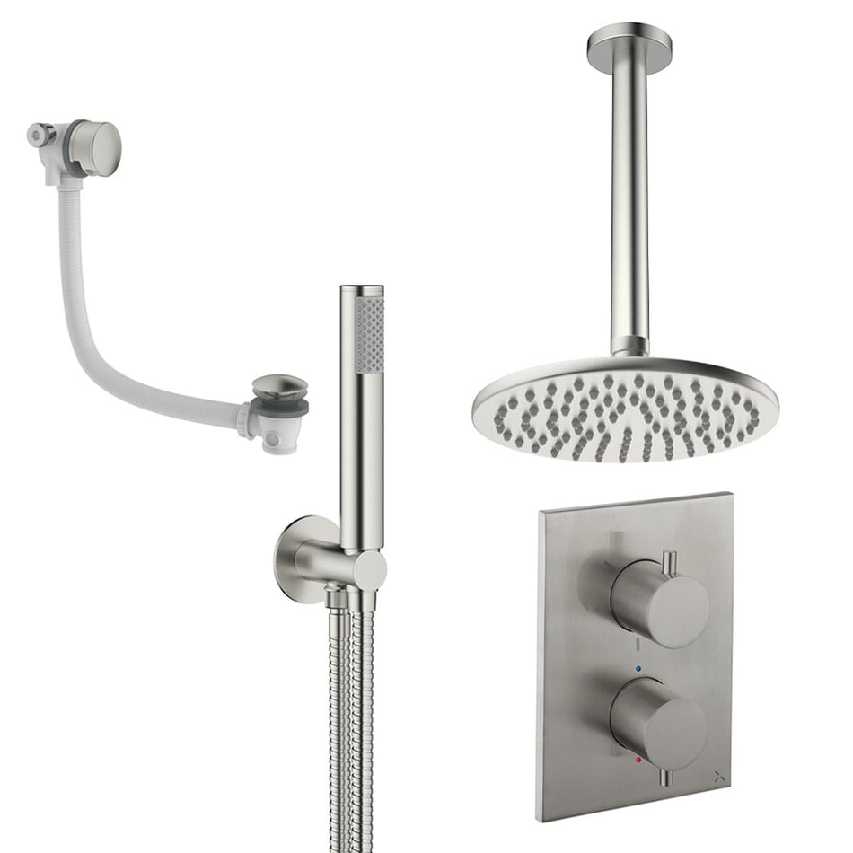 Crosswater Mpro 3 Outlet Thermostatic Concealed Shower Set 9 With 200mm Head and Ceiling Mounted Arm - Brushed Nickel
