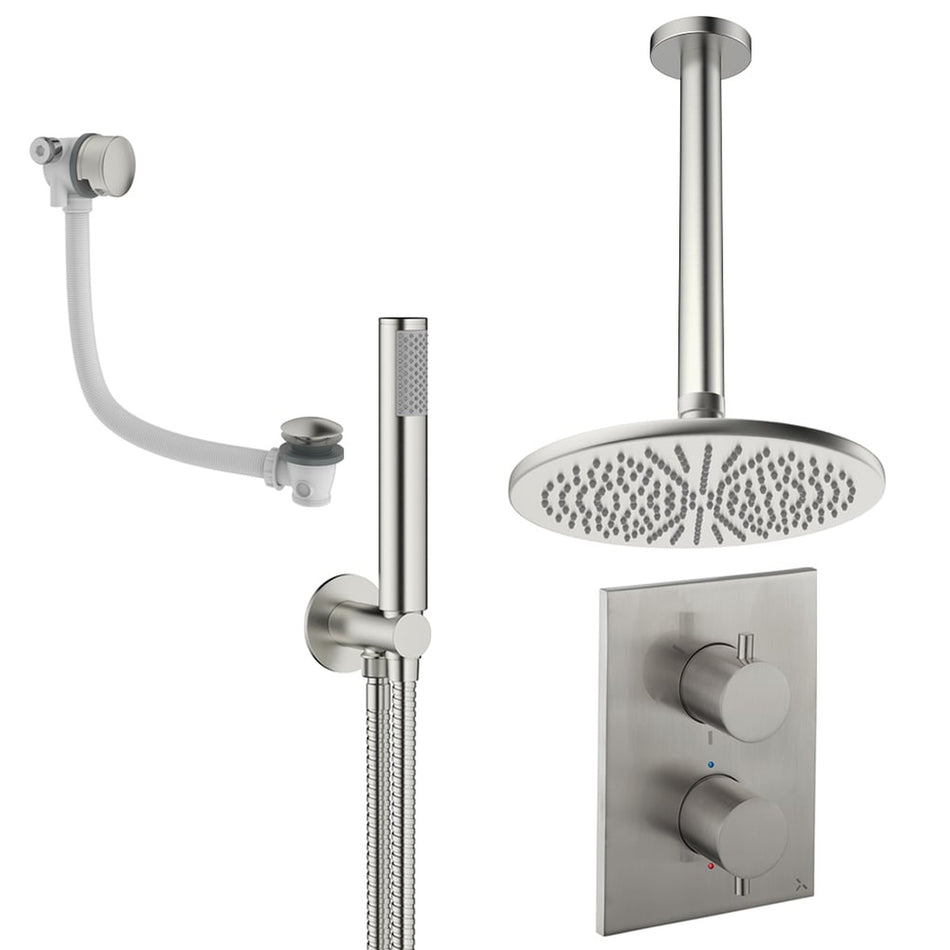 Crosswater Mpro 3 Outlet Thermostatic Concealed Shower Set 9 With 300mm Head and Ceiling Mounted Arm - Brushed Nickel