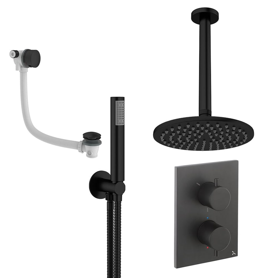 Crosswater Mpro 3 Outlet Thermostatic Concealed Shower Set 9 With 200mm Head and Ceiling Mounted Arm - Matt Black