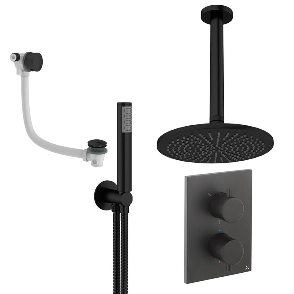 Crosswater Mpro 3 Outlet Thermostatic Concealed Shower Set 9 With 300mm Head and Ceiling Mounted Arm - Matt Black