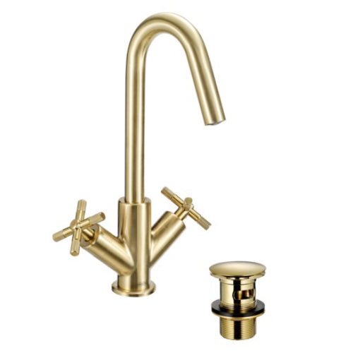 Bristan Cruzar Deck Mounted Basin Mixer Tap With Clicker Waste - Brushed Brass