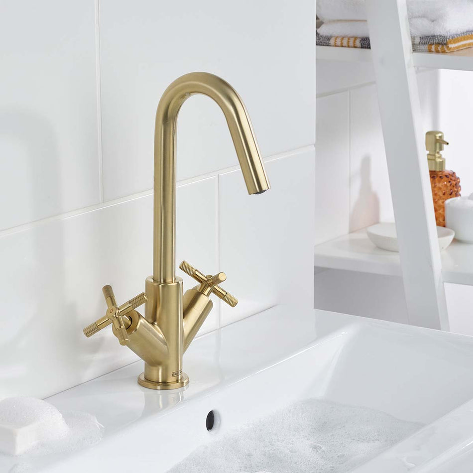 Bristan Cruzar Deck Mounted Basin Mixer Tap With Clicker Waste - Brushed Brass
