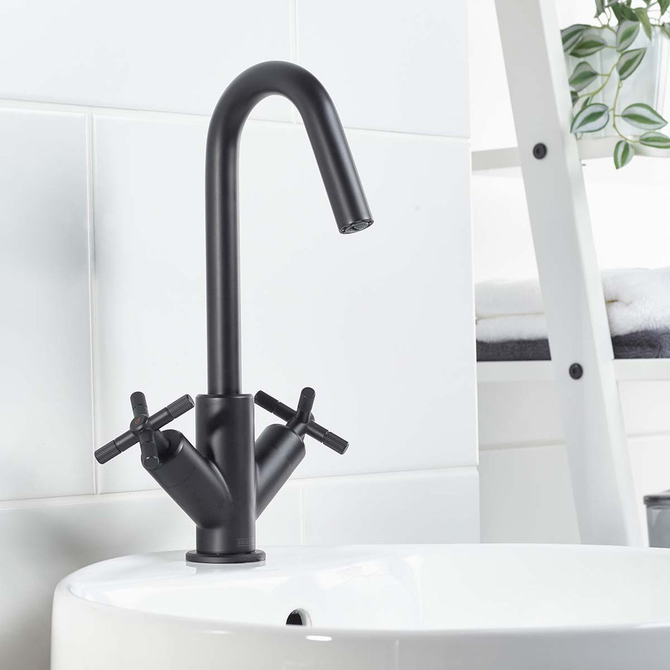 Bristan Cruzar Deck Mounted Basin Mixer Tap With Clicker Waste - Matt Black