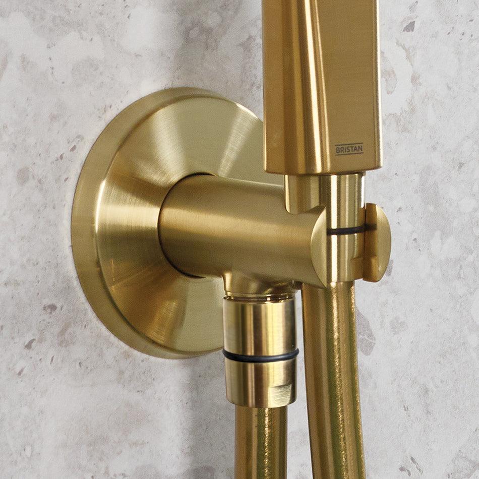 Bristan Wall Mounted Round Shower Wall Outlet Elbow With Handset Holder - Brushed Brass