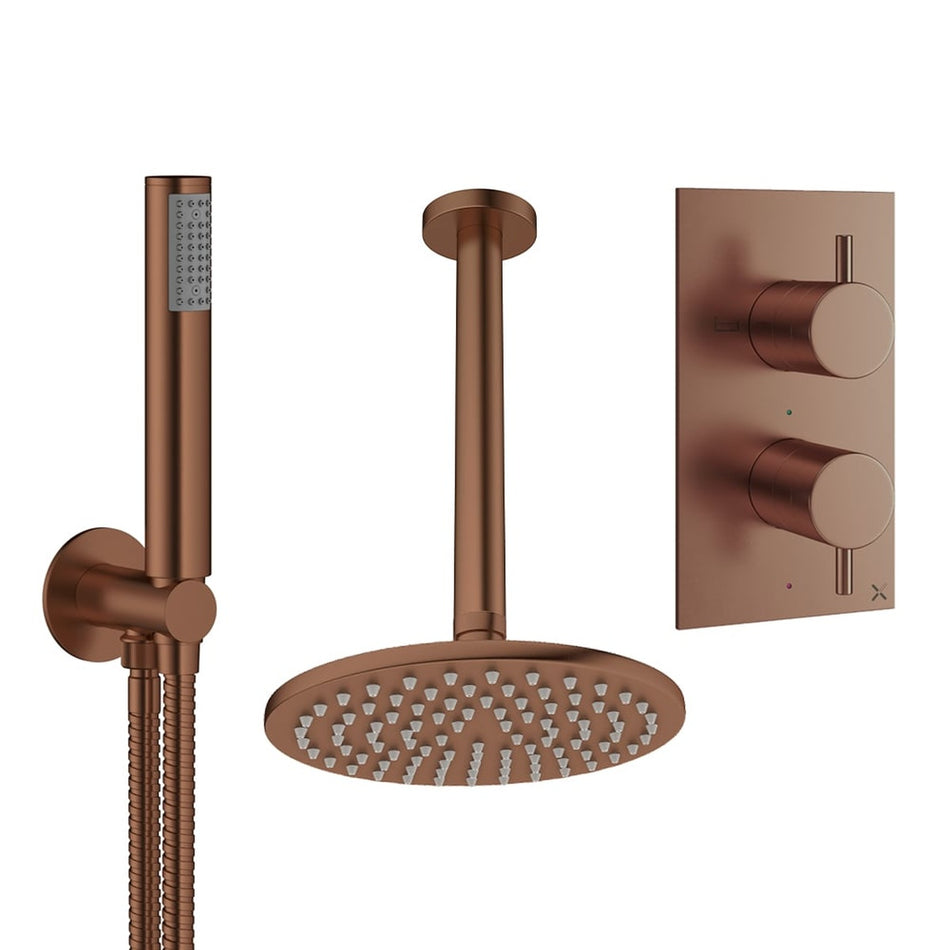 Crosswater Design 2 Outlet Thermostatic Concealed Shower Set 3 With 200mm Head and Ceiling Mounted Arm - Brushed Bronze