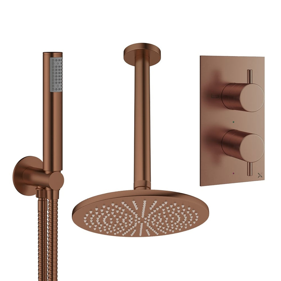 Crosswater Design 2 Outlet Thermostatic Concealed Shower Set 3 With 300mm Head and Ceiling Mounted Arm - Brushed Bronze
