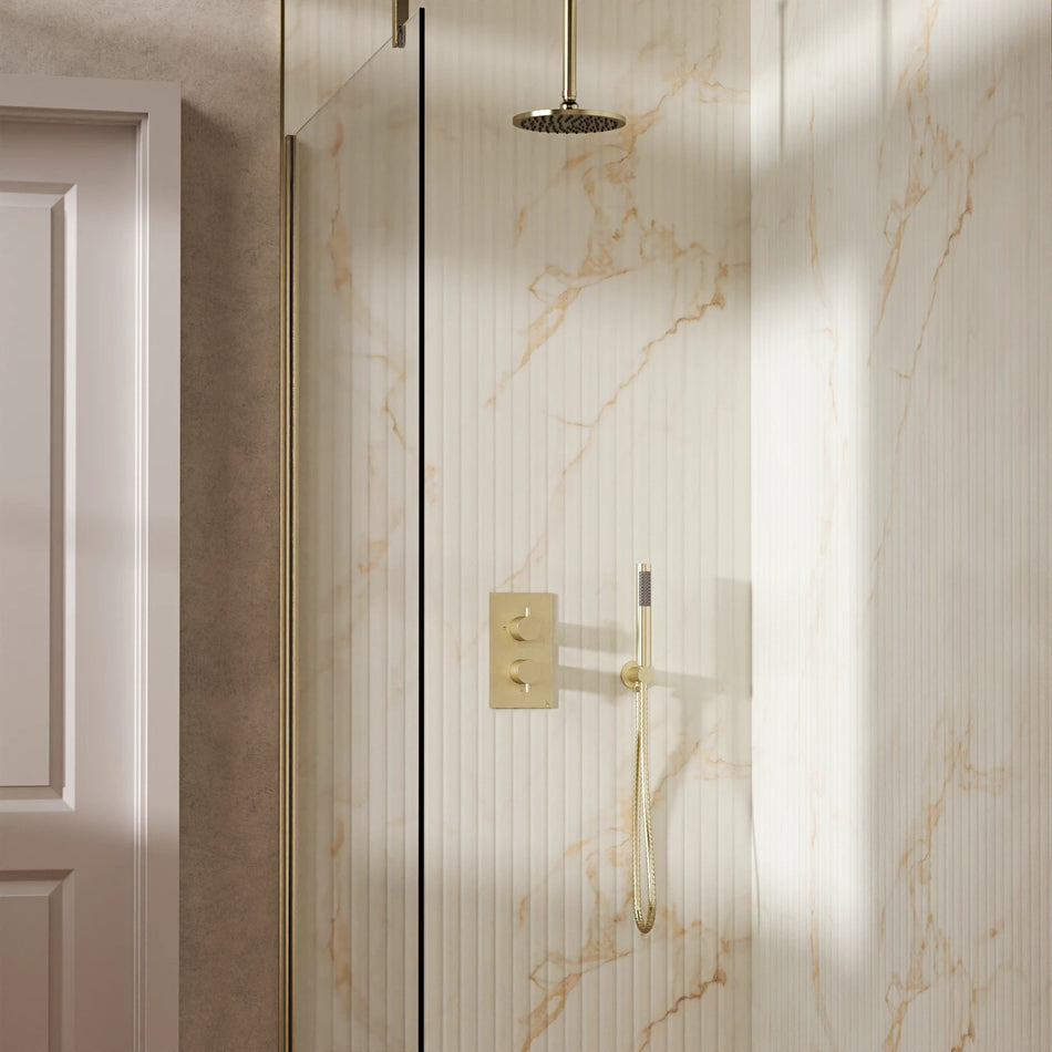 Crosswater Design 2 Outlet Thermostatic Concealed Shower Set 3 With 200mm Head and Ceiling Mounted Arm - Brushed Brass