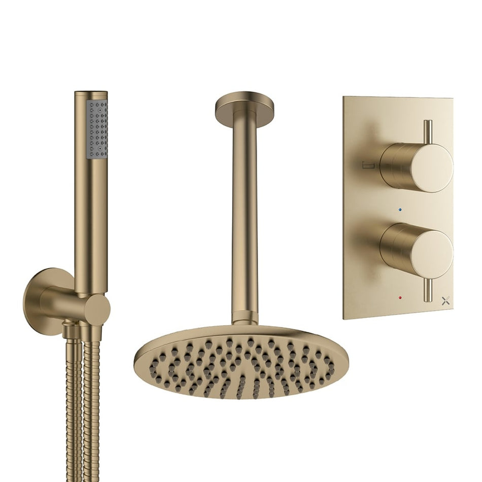 Crosswater Design 2 Outlet Thermostatic Concealed Shower Set 3 With 200mm Head and Ceiling Mounted Arm - Brushed Brass