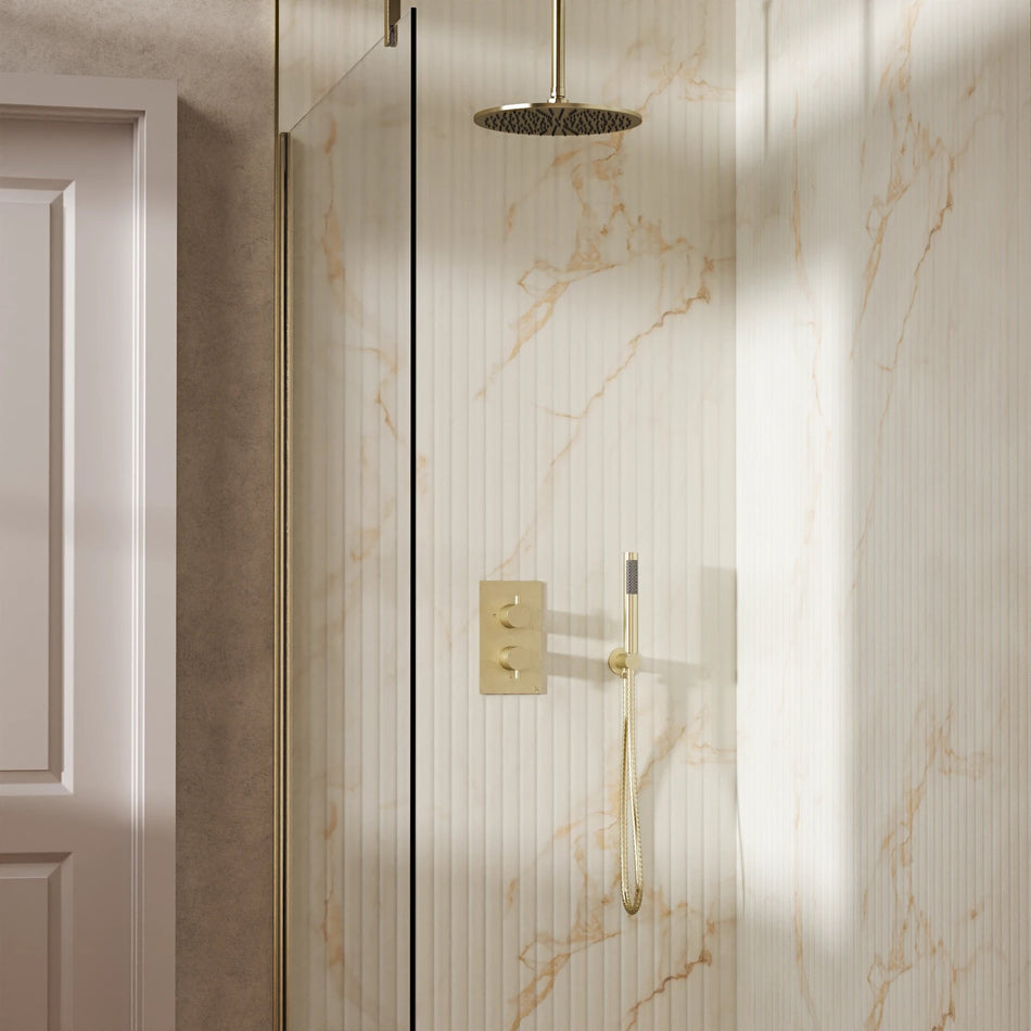 Crosswater Design 2 Outlet Thermostatic Concealed Shower Set 3 With 300mm Head and Ceiling Mounted Arm - Brushed Brass