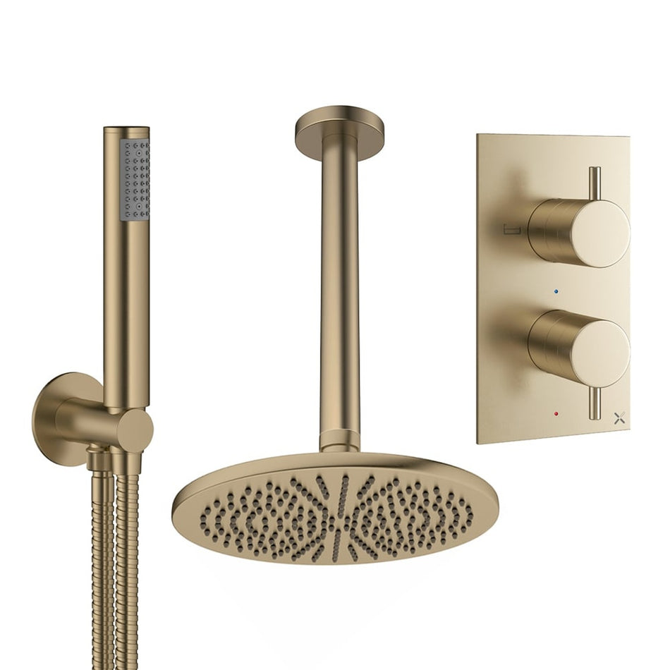 Crosswater Design 2 Outlet Thermostatic Concealed Shower Set 3 With 300mm Head and Ceiling Mounted Arm - Brushed Brass