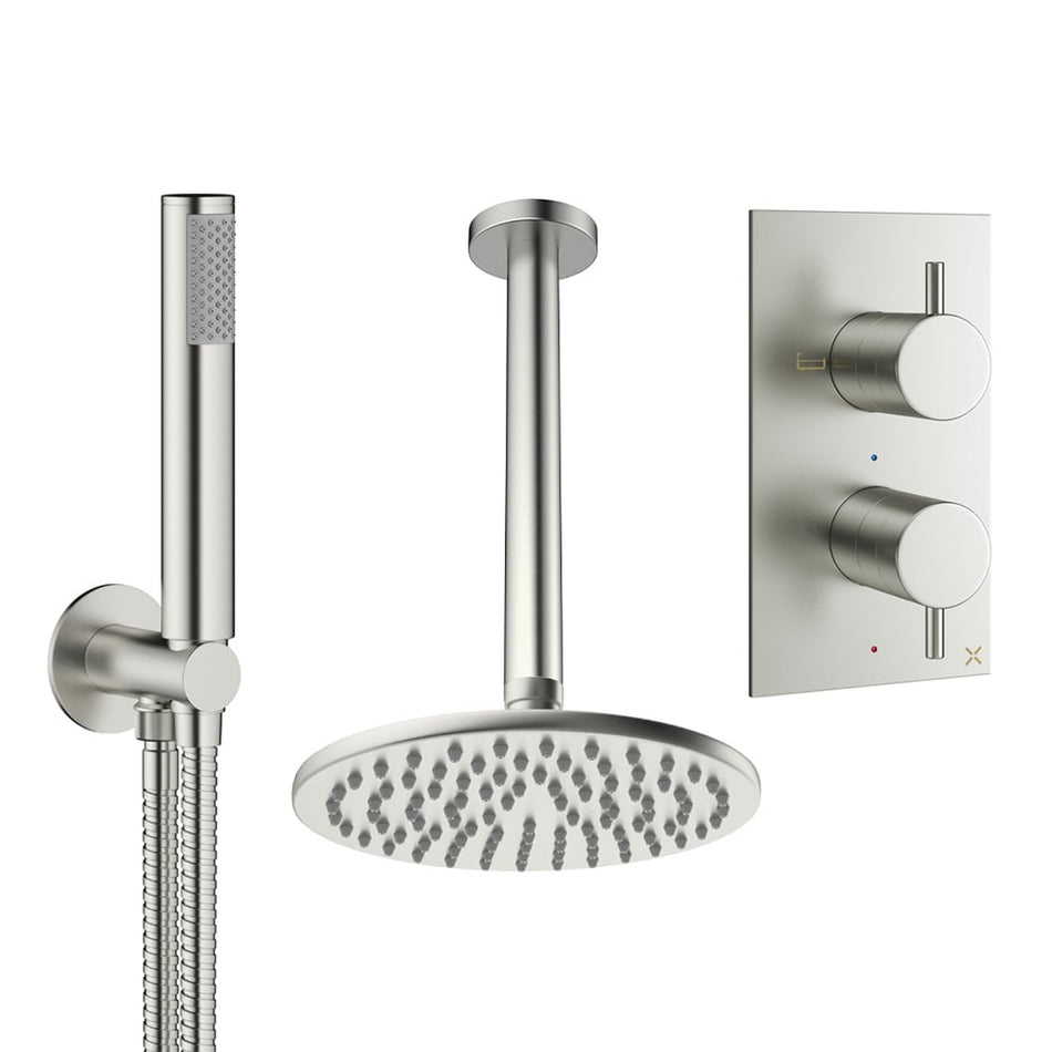 Crosswater Design 2 Outlet Thermostatic Concealed Shower Set 3 With 200mm Head and Ceiling Mounted Arm - Brushed Nickel