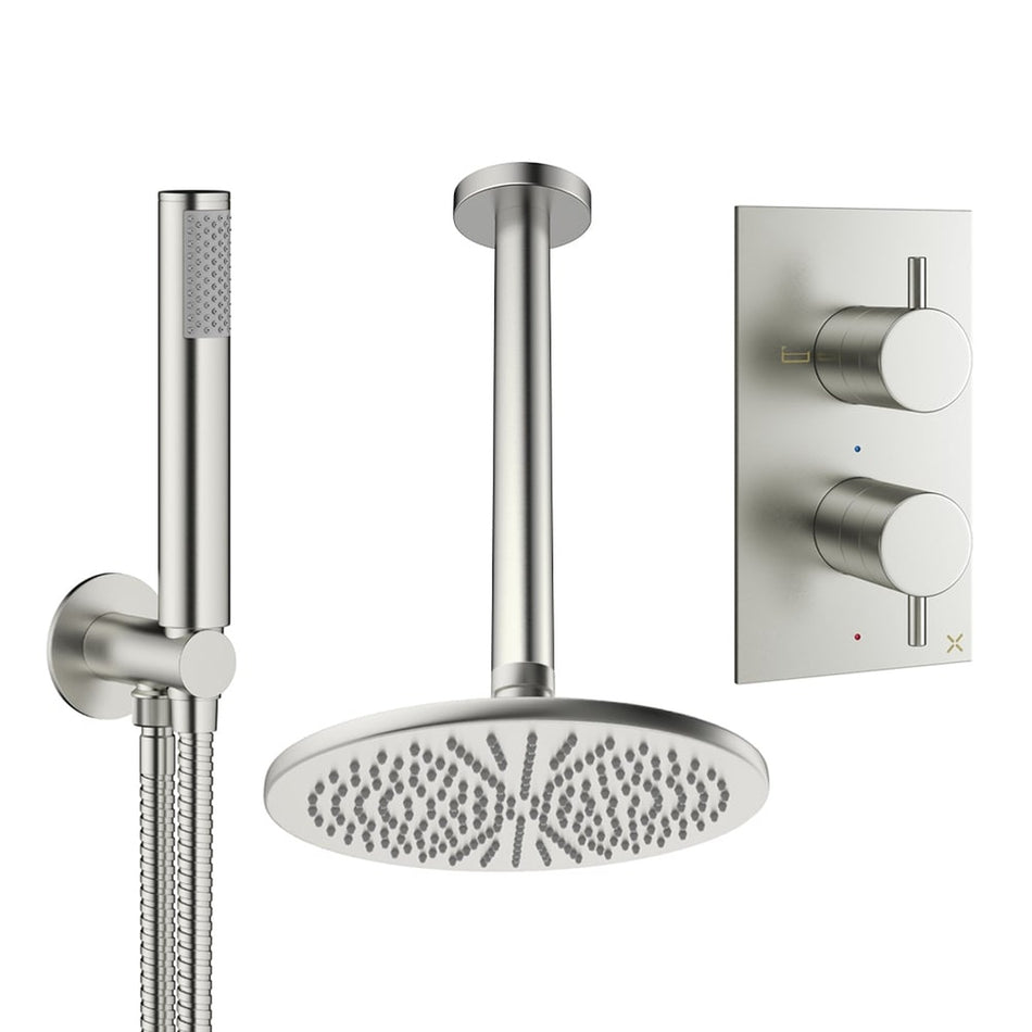 Crosswater Design 2 Outlet Thermostatic Concealed Shower Set 3 With 300mm Head and Ceiling Mounted Arm - Brushed Nickel