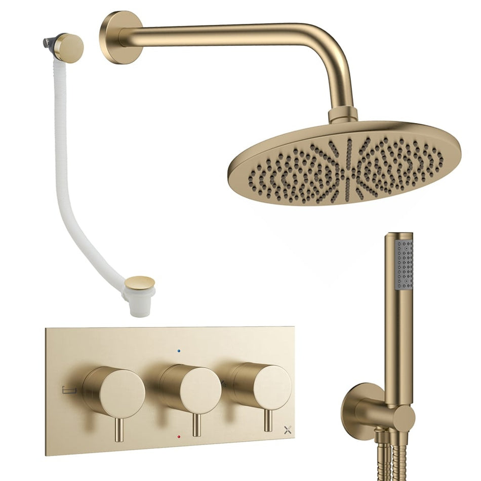 Crosswater Design 3 Outlet Thermostatic Concealed Shower Set 8 With 300mm Head and Wall Mounted Arm - Brushed Brass