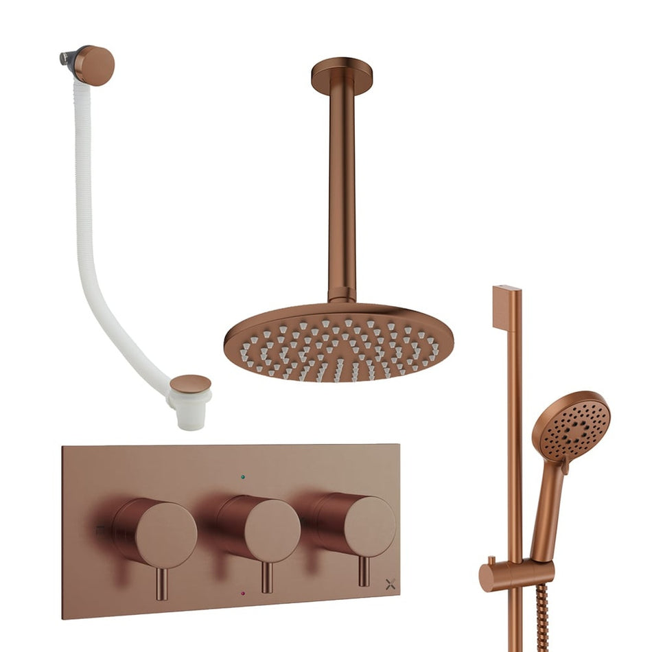 Crosswater Design 3 Outlet Thermostatic Concealed Shower Set 9 With 200mm Head and Ceiling Mounted Arm - Brushed Bronze