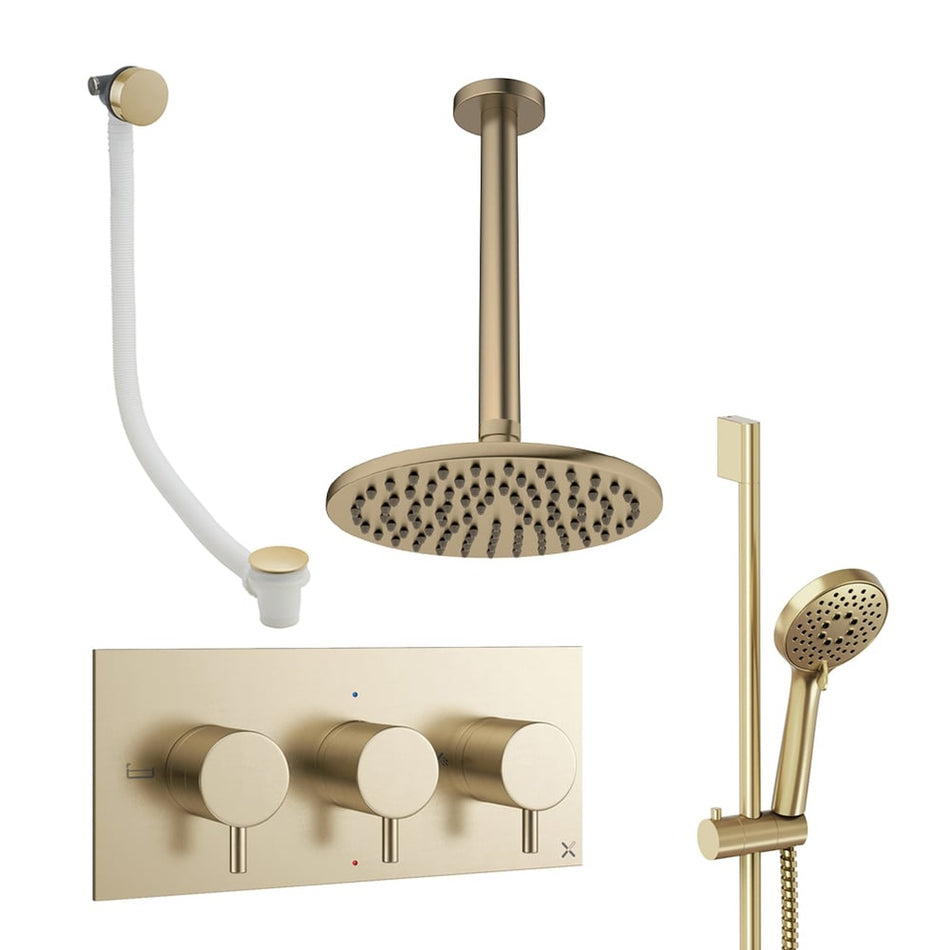 Crosswater Design 3 Outlet Thermostatic Concealed Shower Set 9 With 200mm Head and Ceiling Mounted Arm - Brushed Brass