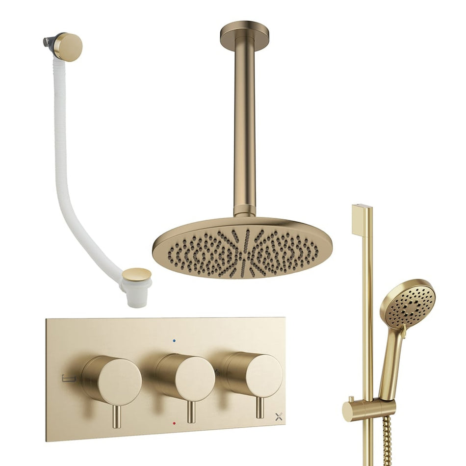 Crosswater Design 3 Outlet Thermostatic Concealed Shower Set 9 With 300mm Head and Ceiling Mounted Arm - Brushed Brass