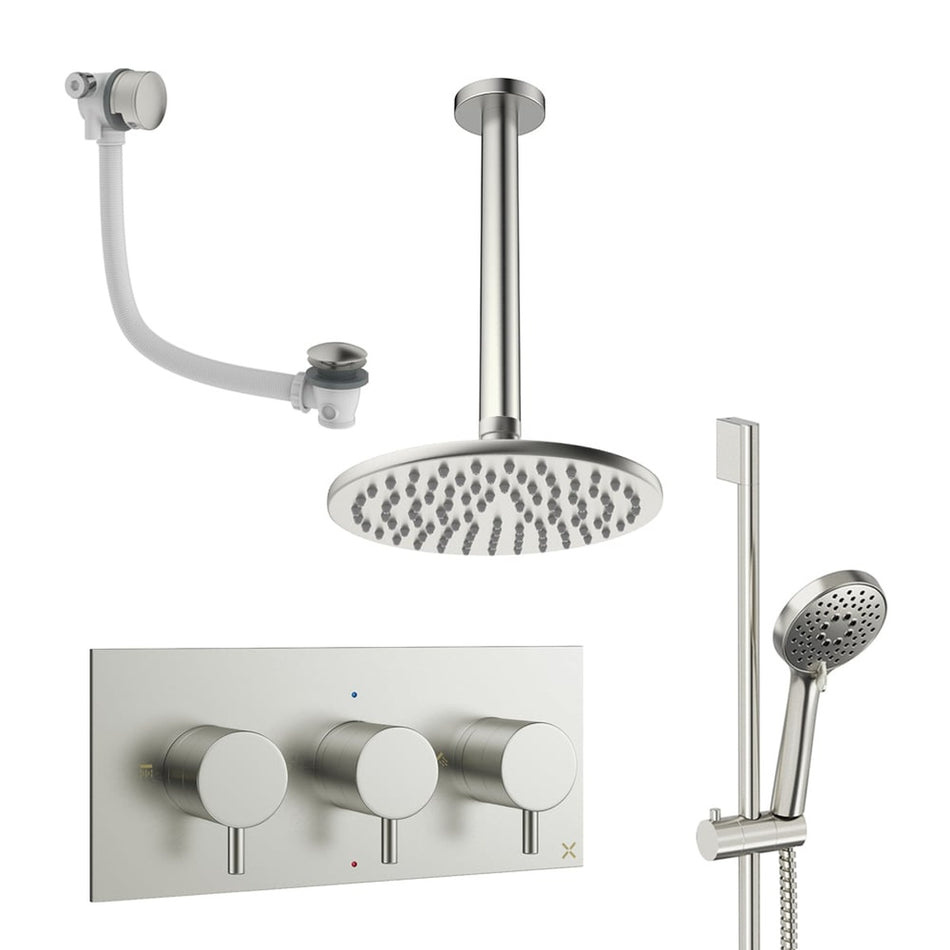 Crosswater Design 3 Outlet Thermostatic Concealed Shower Set 9 With 200mm Head and Ceiling Mounted Arm - Brushed Nickel