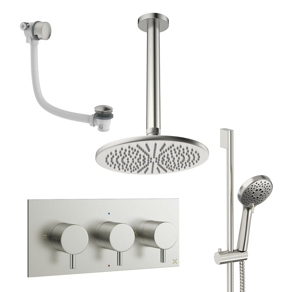Crosswater Design 3 Outlet Thermostatic Concealed Shower Set 9 With 300mm Head and Ceiling Mounted Arm - Brushed Nickel