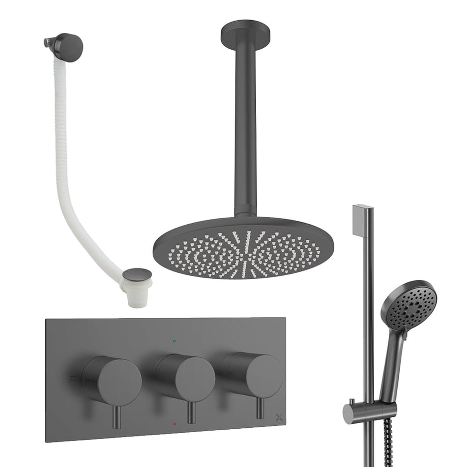 Crosswater Design 3 Outlet Thermostatic Concealed Shower Set 9 With 300mm Head and Ceiling Mounted Arm - Slate
