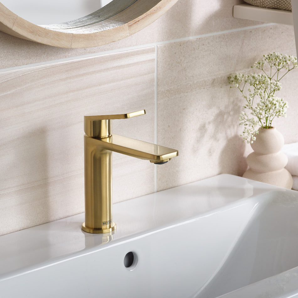 Bristan Frammento Deck Mounted Eco Start Basin Mixer Tap With Clicker Waste - Brushed Brass