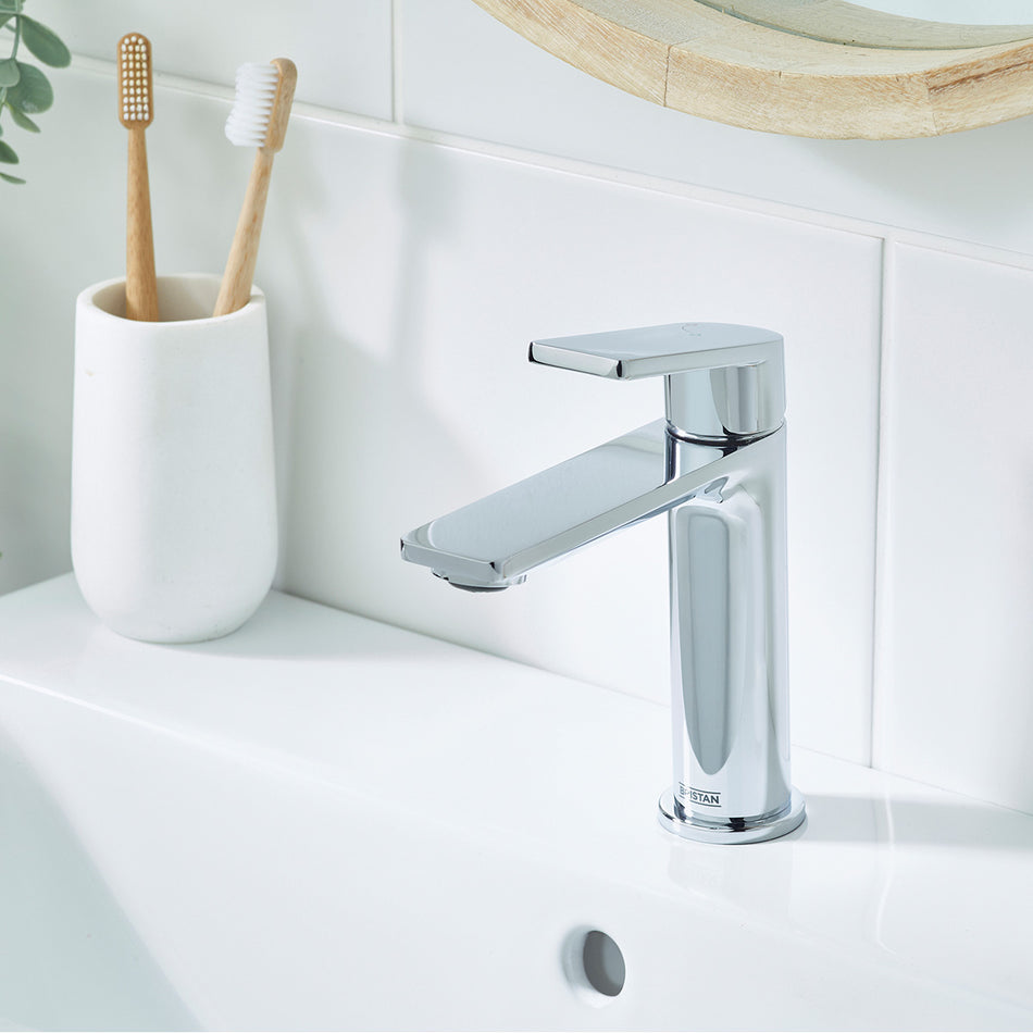 Bristan Frammento Deck Mounted Eco Start Basin Mixer Tap With Clicker Waste - Chrome