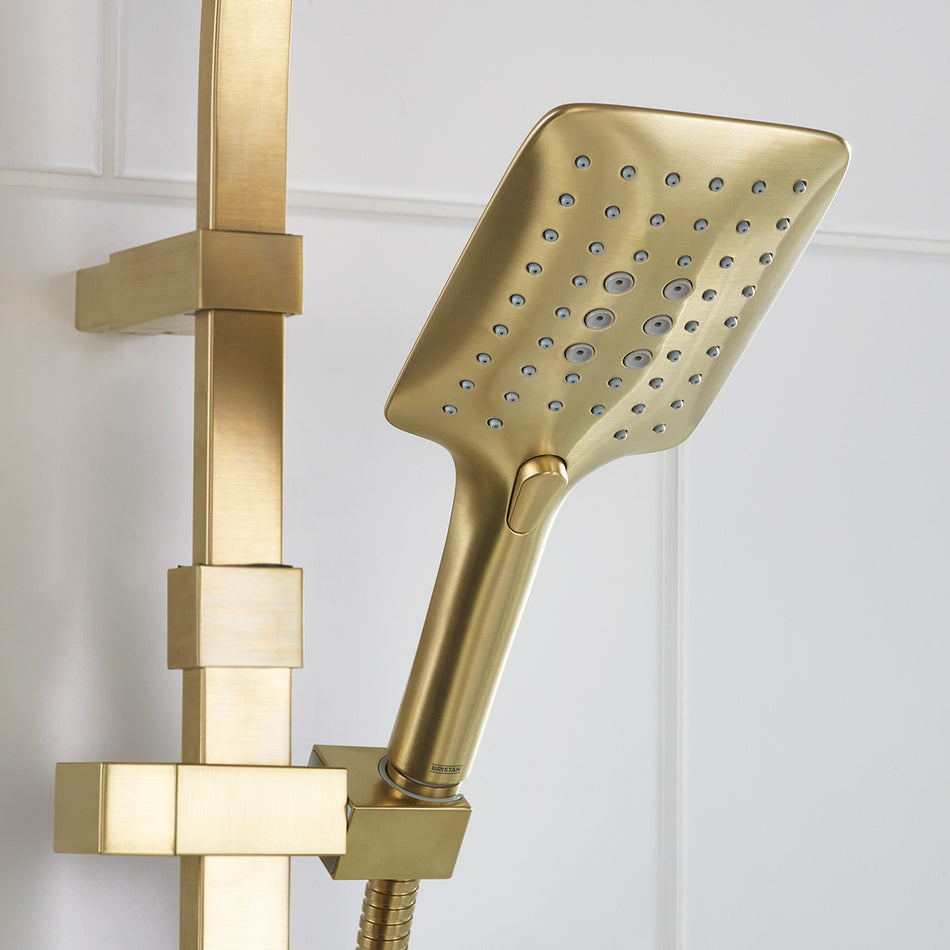 Bristan Square Multi Function Large Shower Handset - 3 Spray Modes And Push Button - Brushed Brass