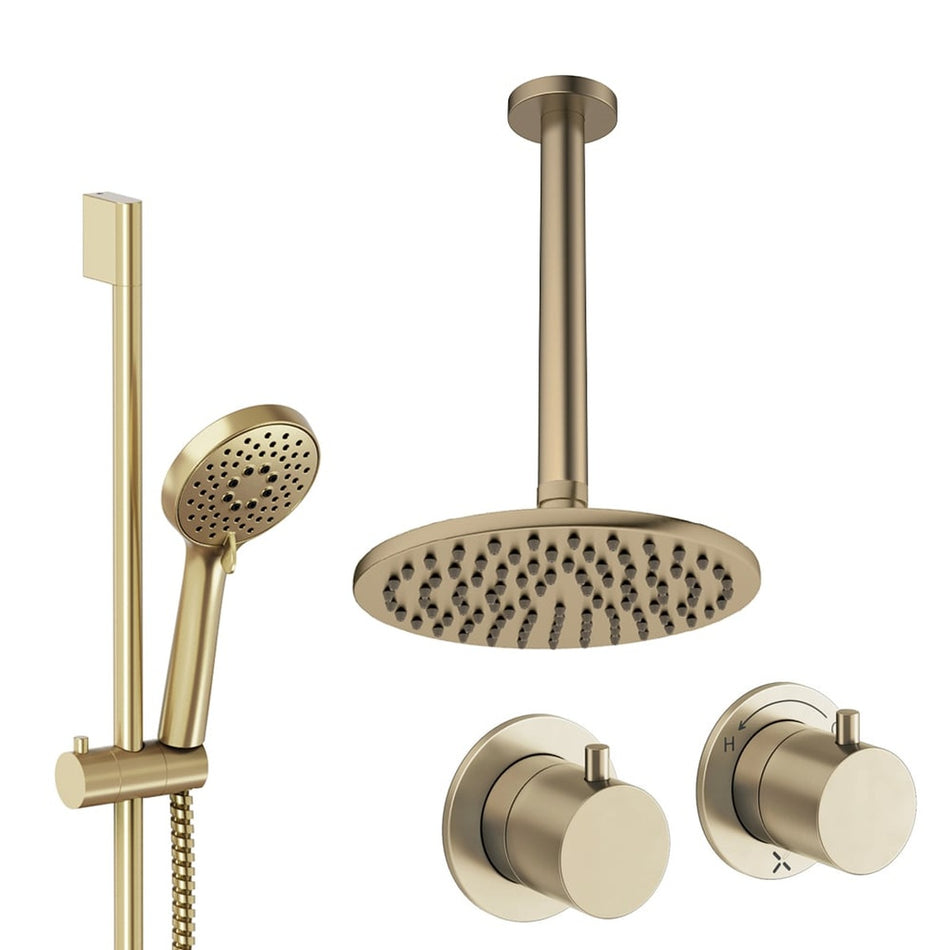 Crosswater Module 2 Outlet Thermostatic Concealed Shower Set 2 With 200mm Head and Ceiling Mounted Arm - Brushed Brass