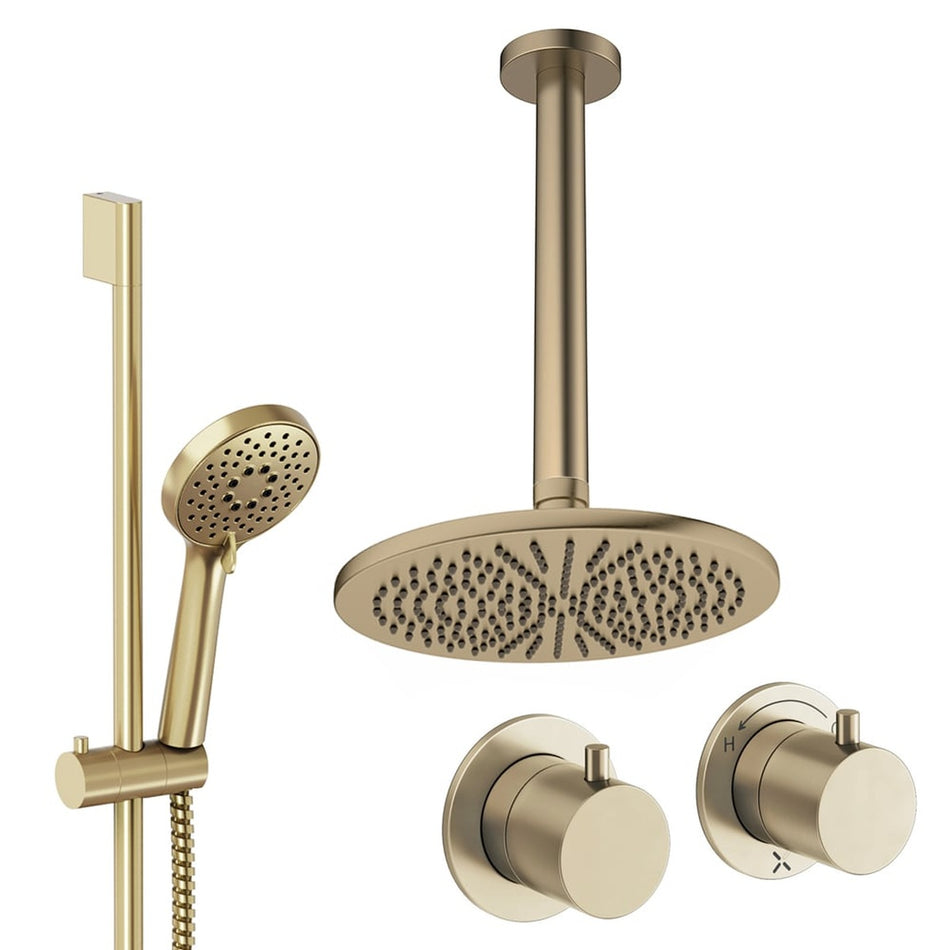 Crosswater Module 2 Outlet Thermostatic Concealed Shower Set 2 With 300mm Head and Ceiling Mounted Arm - Brushed Brass
