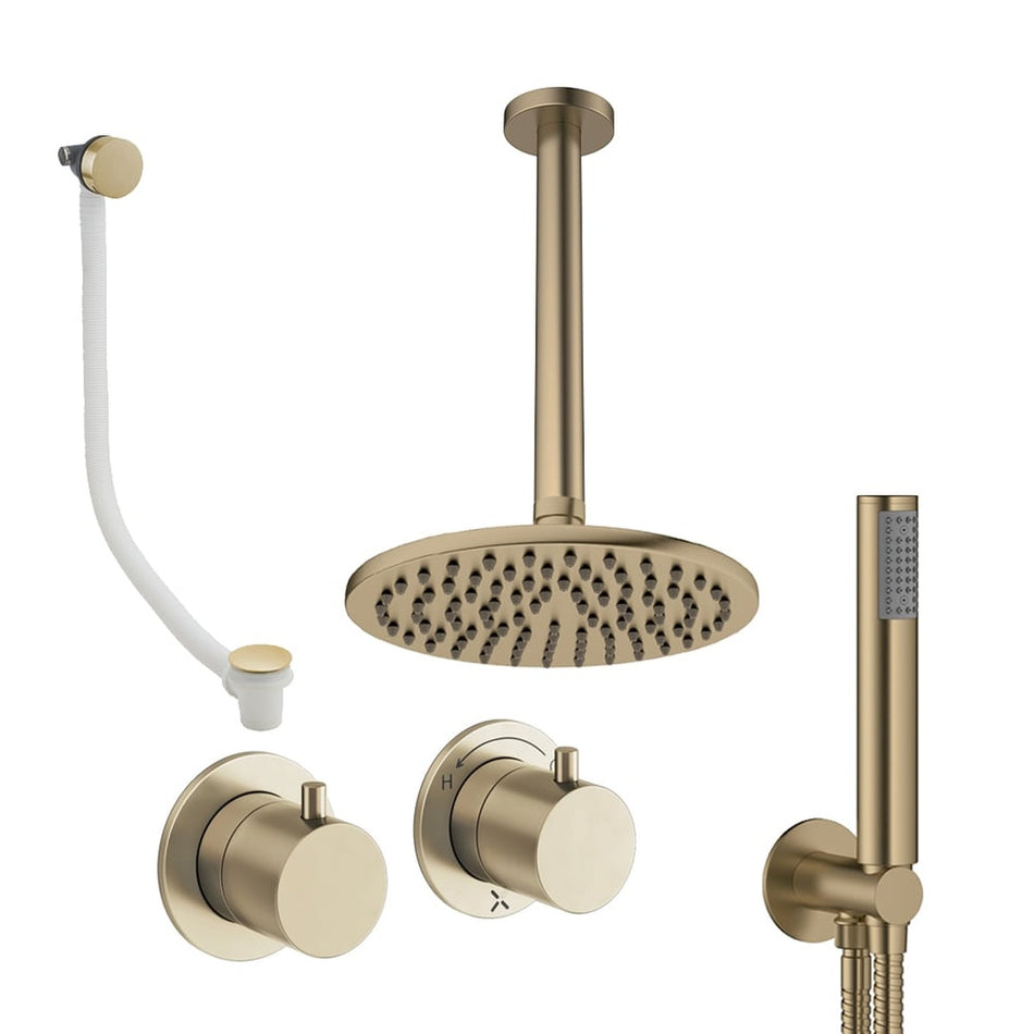 Crosswater Module 3 Outlet Thermostatic Concealed Shower Set 6 With 200mm Head and Ceiling Mounted Arm - Brushed Brass