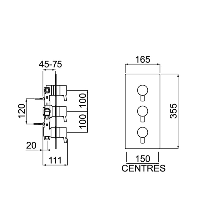 Bristan Prism Recessed Thermostatic Dual Control Shower Valve With Integral Two Outlet Diverter And Stopcock - Chrome