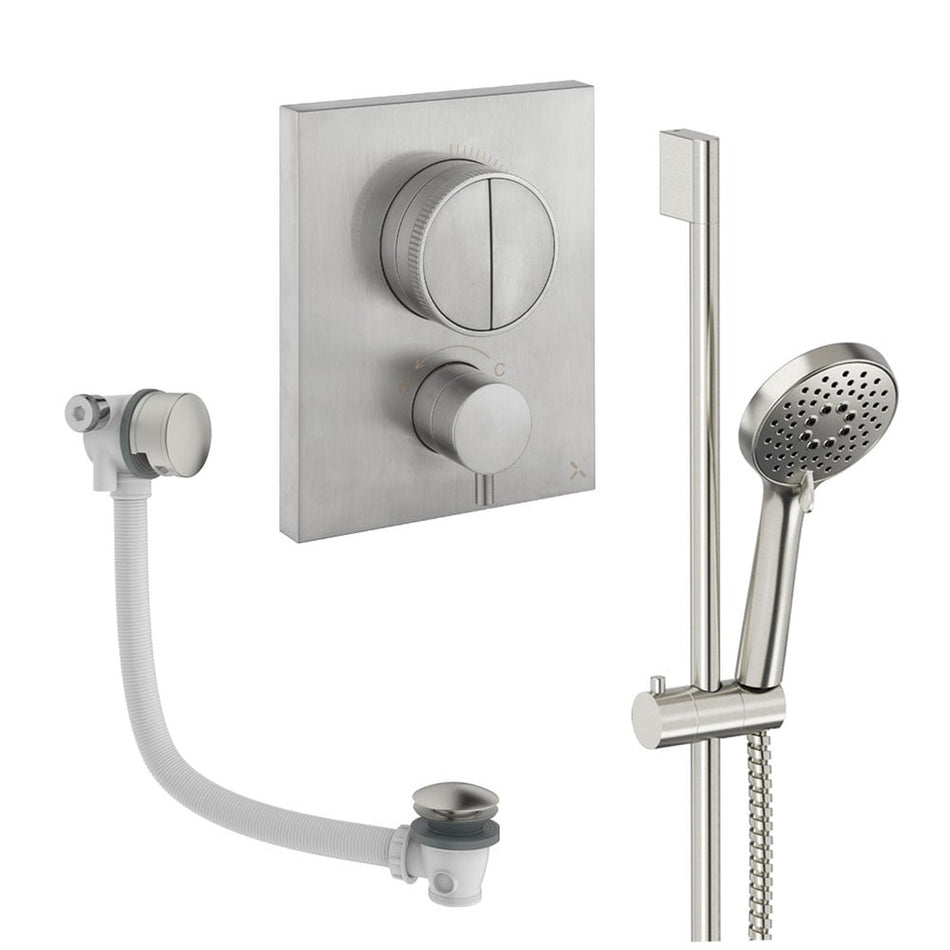 Crosswater Push 2 Outlet Concealed Shower Set 4 With Handset & Bath Filler - Brushed Nickel
