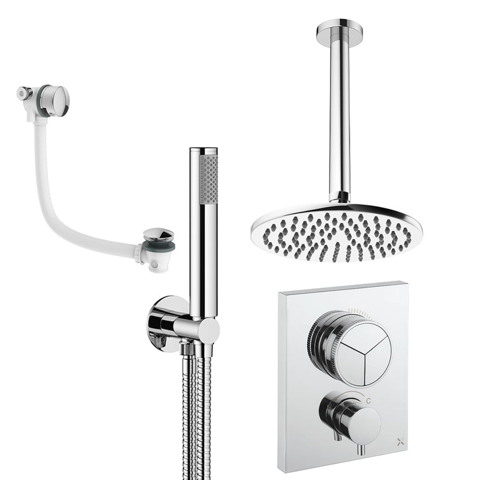 Crosswater Mpro Push 3 Outlet Thermostatic Concealed Shower Set 7 With 200mm Head and Ceiling Mounted Arm - Chrome