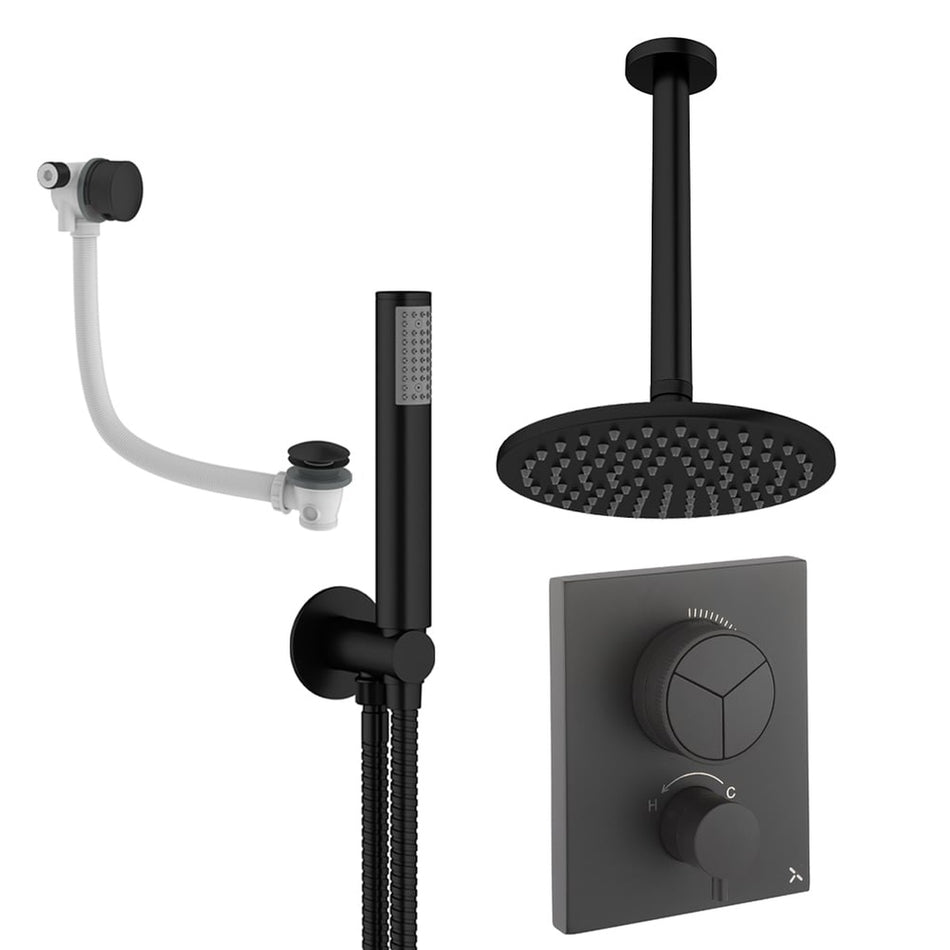 Crosswater Mpro Push 3 Outlet Thermostatic Concealed Shower Set 7 With 200mm Head and Ceiling Mounted Arm - Matt Black